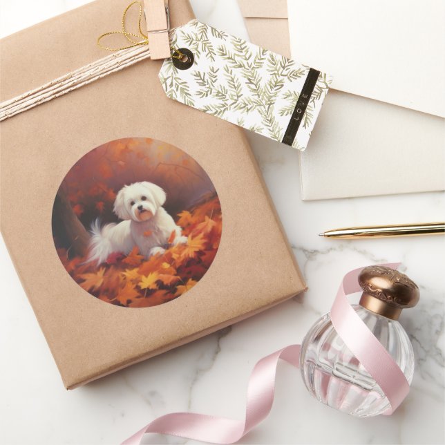 Maltese in Autumn Leaves Fall Inspire  Classic Round Sticker (Gifting)