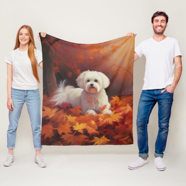 Maltese in Autumn Leaves Fall Inspire  Fleece Blanket (In Situ)