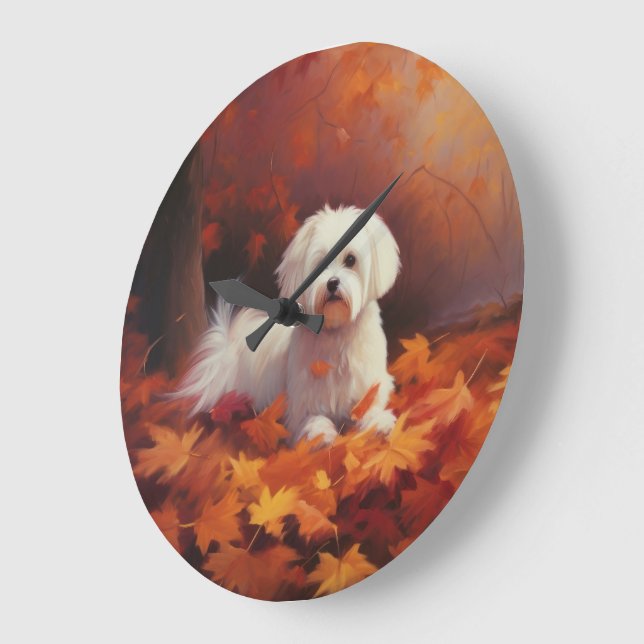 Maltese in Autumn Leaves Fall Inspire  Large Clock (Angle)