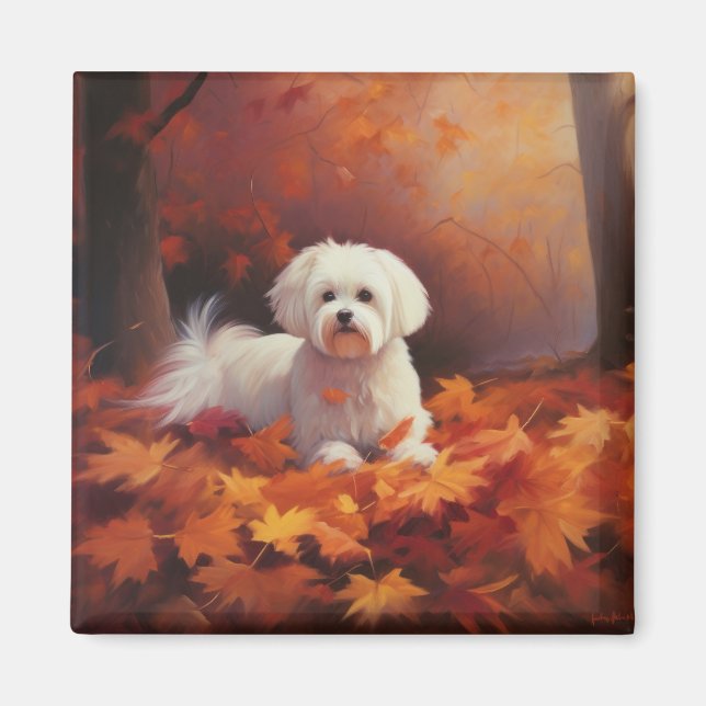 Maltese in Autumn Leaves Fall Inspire  Magnet (Front)