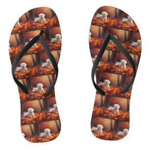 Maltese in Autumn Leaves Fall Inspire  Thongs