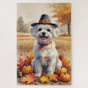 Maltese In Autumn Leaves Thanksgiving Art Jigsaw Puzzle