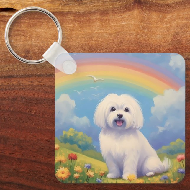 Maltese Memorial Custom Dog Name Rainbow Bridge Key Ring (Front)