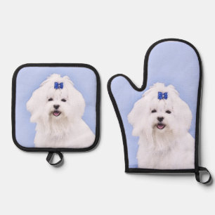 Maltese Painting Blue Bow Cute Original Dog Art Oven Mitt & Pot Holder Set