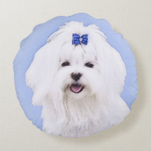 Maltese Painting - Cute Original Dog Art Round Cushion