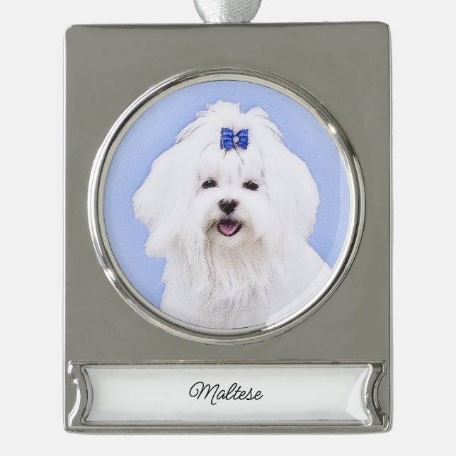 Maltese Painting - Cute Original Dog Art Silver Pl Silver Plated Banner Ornament (Front)