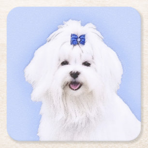 Maltese Painting - Cute Original Dog Art Square Paper Coaster
