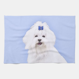Maltese Painting - Cute Original Dog Art Tea Towel