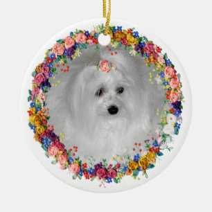 Maltese Pampered with Flowers Ceramic Tree Decoration