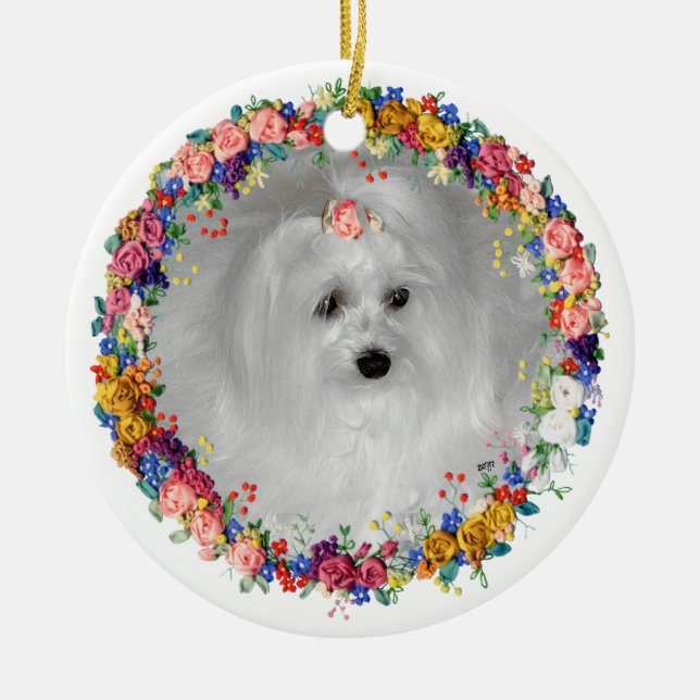 Maltese Pampered with Flowers Ceramic Tree Decoration (Front)