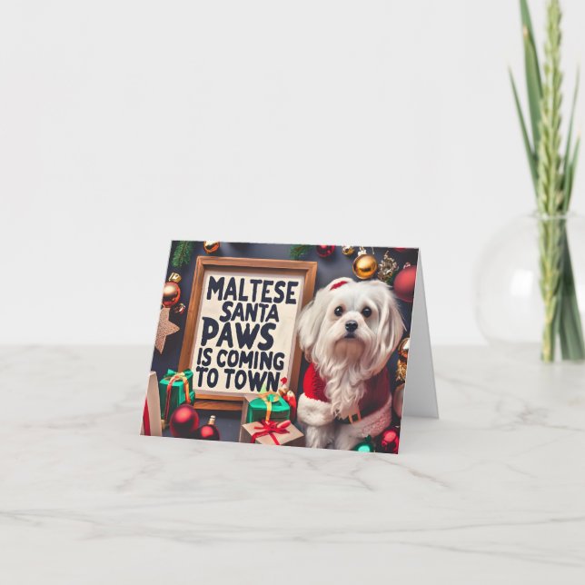 Maltese Paws Coming to Town Maltese Dog Christmas Holiday Card (Front)