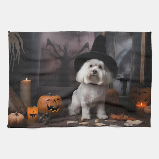 Maltese Pumpkins Halloween Scary  Tea Towel (Horizontal)