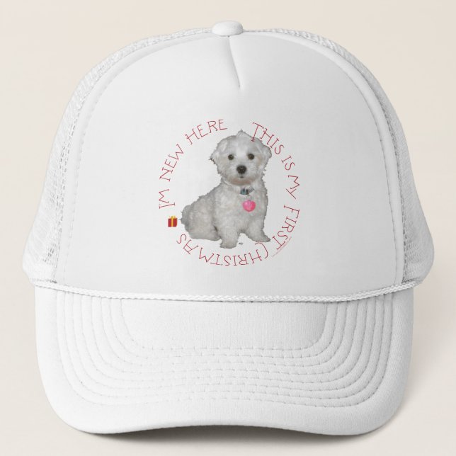 Maltese Pup First Christmas Trucker Hat (Front)