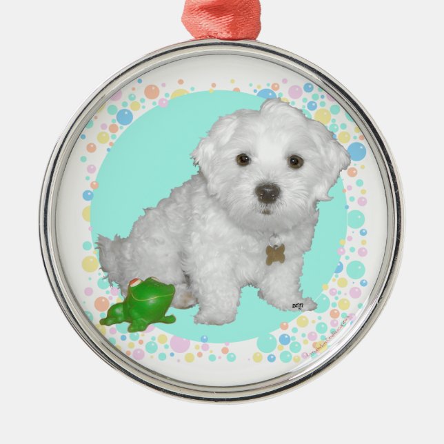 Maltese Pup with Bubbles Metal Tree Decoration (Front)