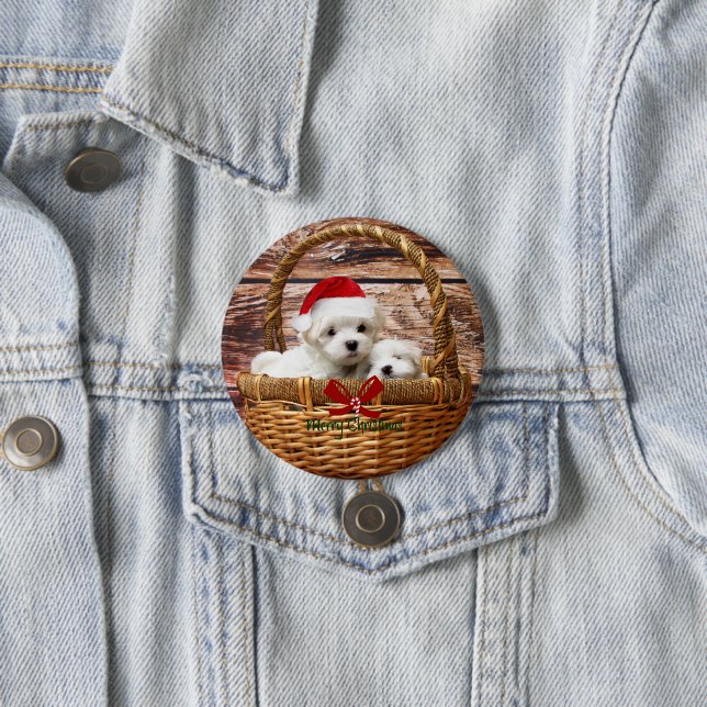 Maltese Puppies in a Christmas Basket 7.5 Cm Round Badge (In Situ)