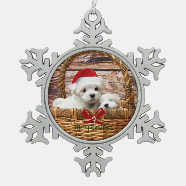 Maltese Puppies in a Christmas Basket Snowflake Pewter Christmas Ornament (Front)