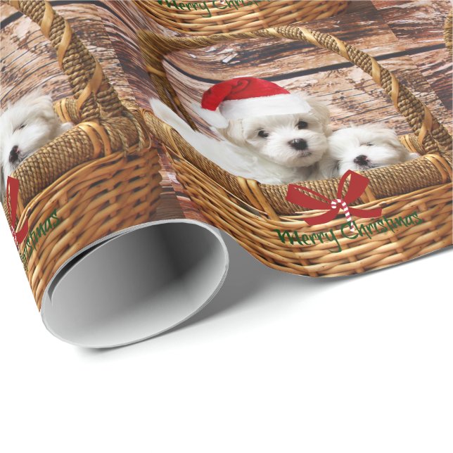 Maltese Puppies in a Christmas Basket Wrapping Paper (Roll Corner)