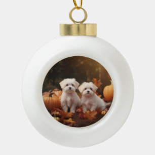 Maltese Puppy Autumn Delight Pumpkin  Ceramic Ball Christmas Ornament