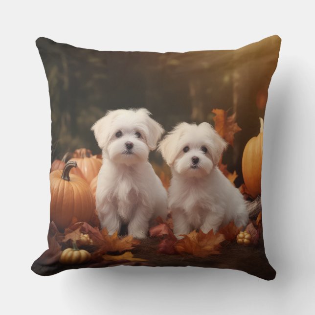 Maltese Puppy Autumn Delight Pumpkin  Cushion (Front)