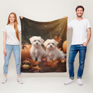 Maltese Puppy Autumn Delight Pumpkin  Fleece Blanket