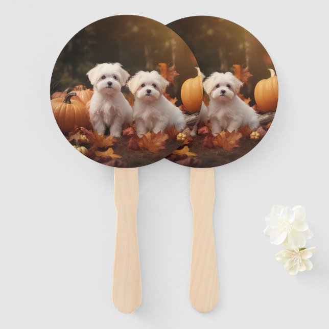Maltese Puppy Autumn Delight Pumpkin  Hand Fan (Front and Back)