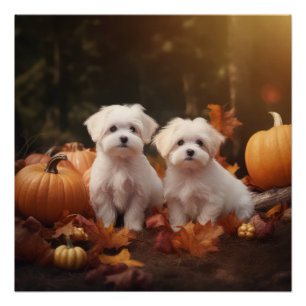 Maltese Puppy Autumn Delight Pumpkin Poster
