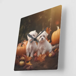 Maltese Puppy Autumn Delight Pumpkin Square Wall Clock