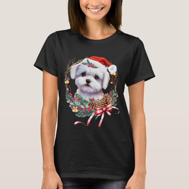 Maltese Puppy Christmas, Xmas Maltese Dog T-Shirt (Front)