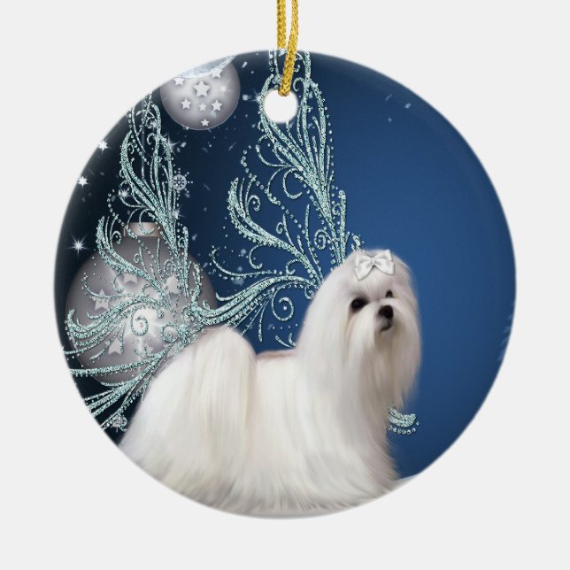 Maltese Puppy Dog Blue Christmas Ornament (Front)