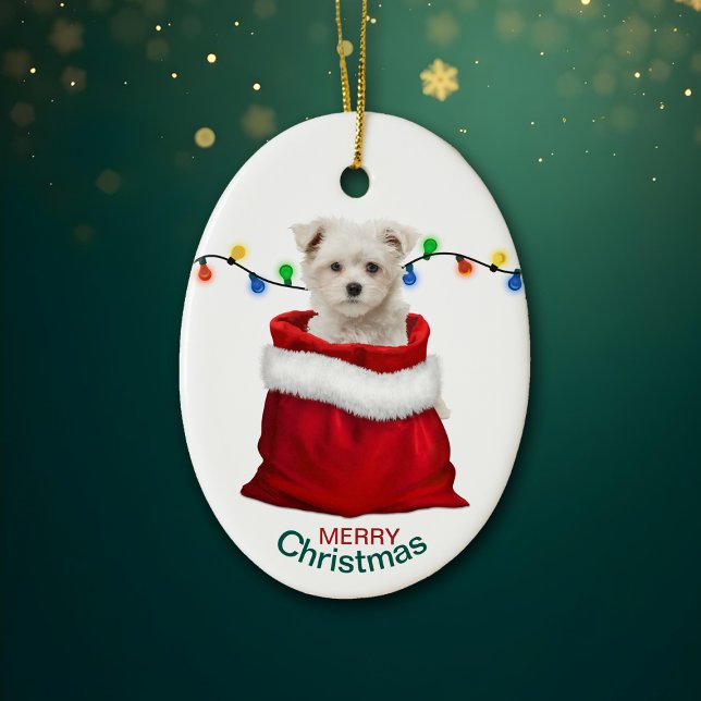 Maltese Puppy Dog in Holiday Gift Bag Ceramic Ornament (Creator Uploaded)