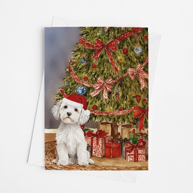 Maltese Puppy Watercolor Under Christmas Tree Card (Creator Uploaded)