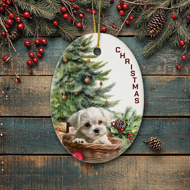 Maltese Puppy Wicker Basket Christmas Ceramic Ornament (Creator Uploaded)