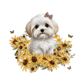 Maltese Puppy with Yellow Fall Flowers