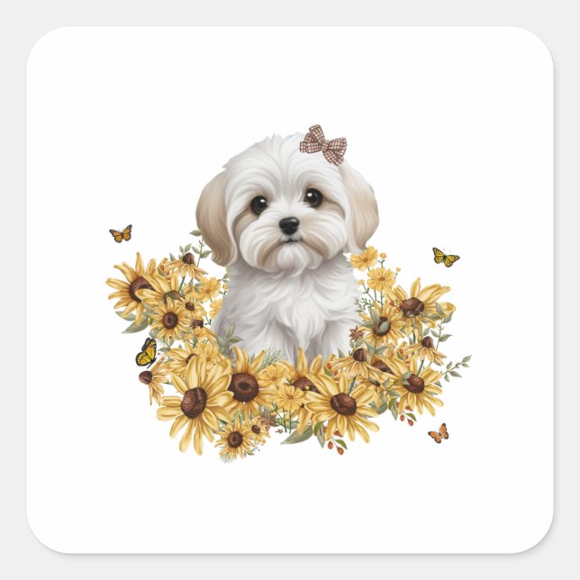 Maltese Puppy with Yellow Fall Flowers  Square Sticker (Front)