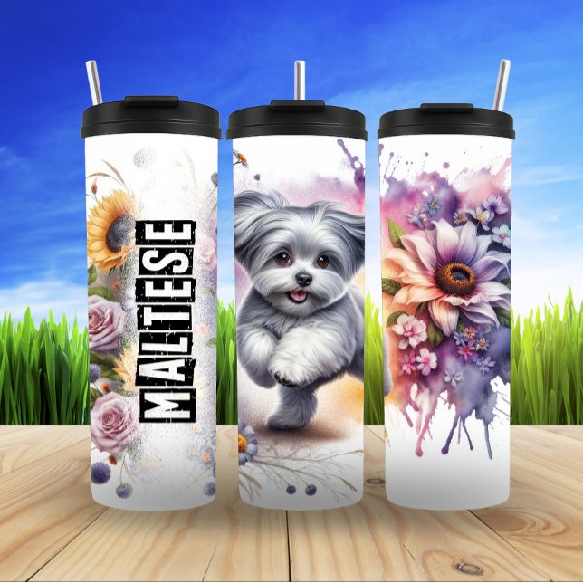 Maltese Puppy's Playful Garden Thermal Tumbler (Creator Uploaded)