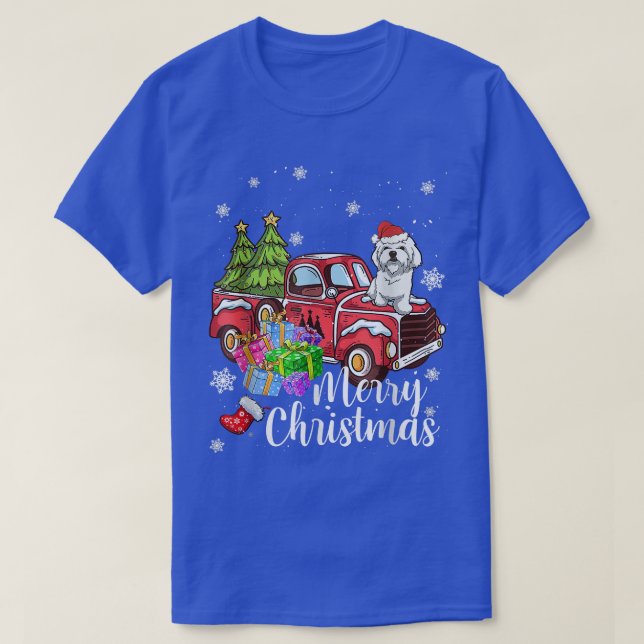Maltese Riding Red Truck Xmas Merry Christmas  T-Shirt (Design Front)