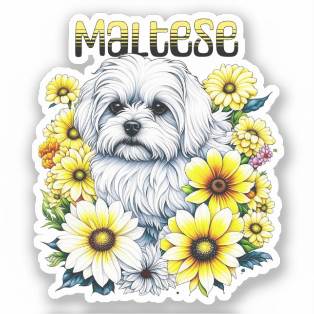Maltese Small :White Dog Bree in Yellow Flowers (Front)
