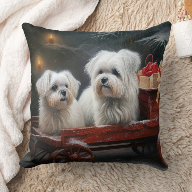 Maltese Snowy Sleigh Christmas Decor Cushion (Blanket)