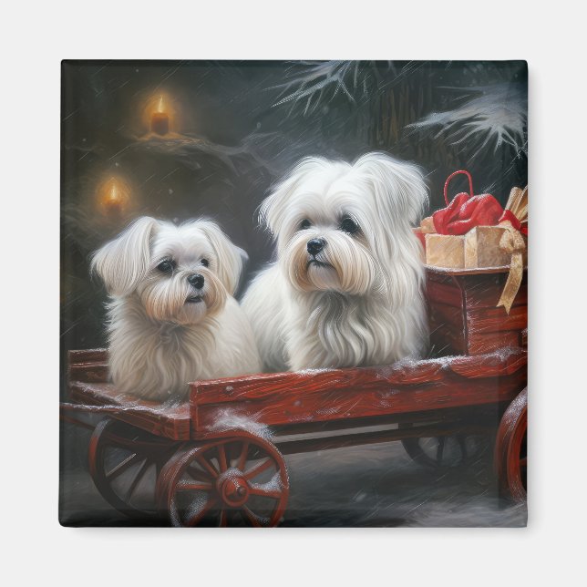 Maltese Snowy Sleigh Christmas Decor Magnet (Front)