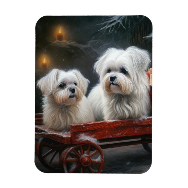 Maltese Snowy Sleigh Christmas Decor Magnet (Vertical)