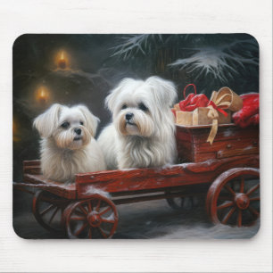 Maltese Snowy Sleigh Christmas Decor Mouse Pad