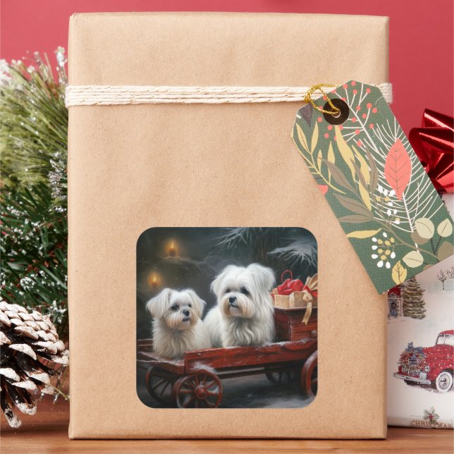 Maltese Snowy Sleigh Christmas Decor Square Sticker (Holiday)