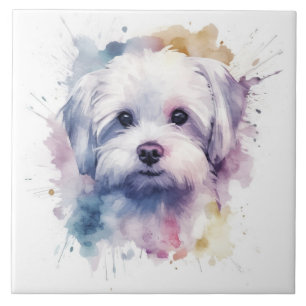 Maltese Terrier Watercolor Ceramic Tile