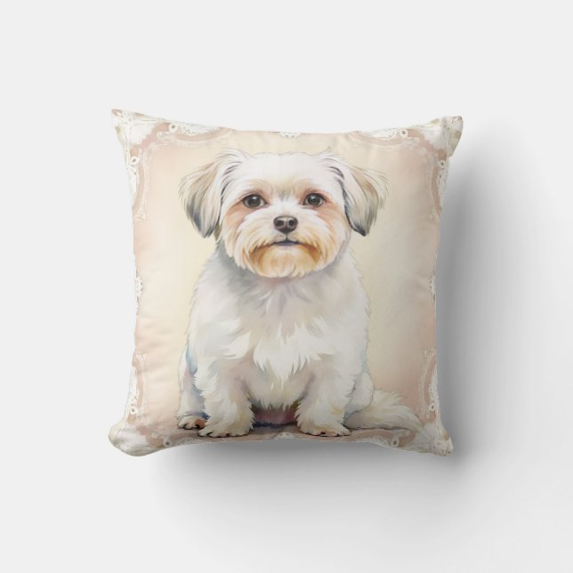 Maltese Watercolor Lace Pattern Art Cushion (Front)