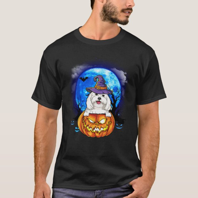 Maltese Witch Moon Pumpkin Scary Halloween Dog Lov T-Shirt (Front)