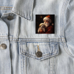 Maltese With Santa Claus Festive Christmas  15 Cm Square Badge