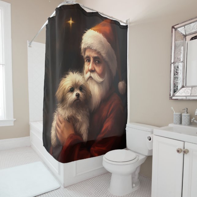 Maltese With Santa Claus Festive Christmas  Shower Curtain (In Situ)