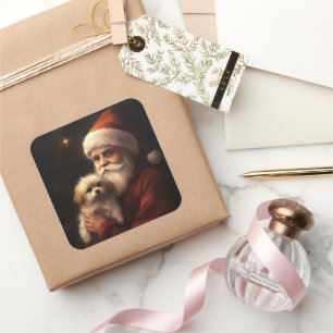 Maltese With Santa Claus Festive Christmas Square Sticker