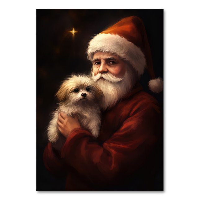 Maltese With Santa Claus Festive Christmas  Table Number (Front)