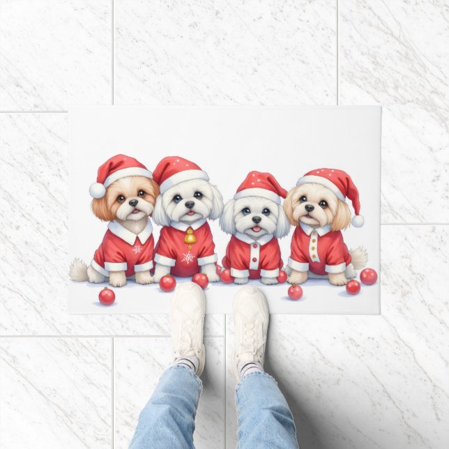 Malti Tzu Christmas Dress Santa Hat Doormat (Indoor)